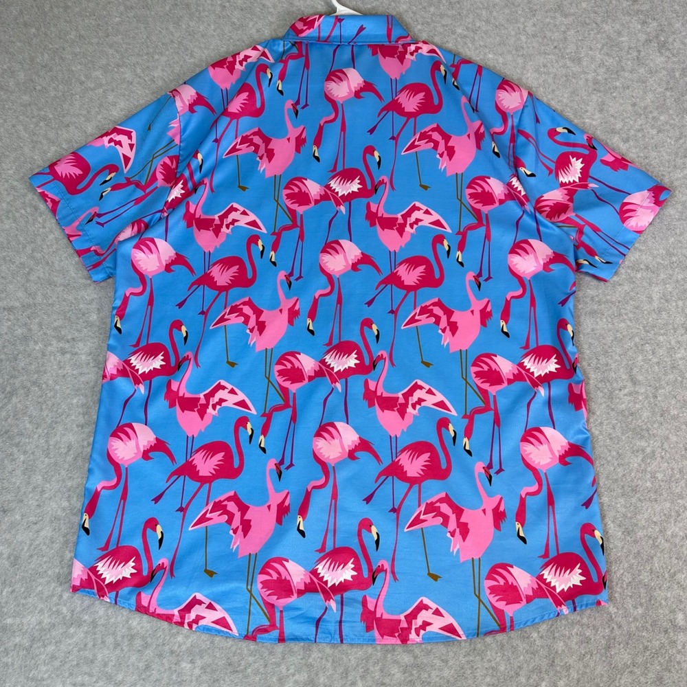 Mens Pink Flamingo Print Short Sleeve Button Up Shirt Blue XXL Tropical Summer - Picture 12 of 13